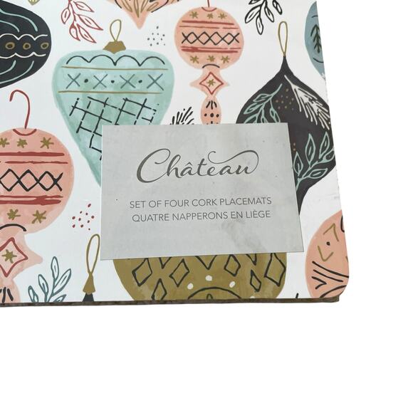 CHATEAU Christmas Ornament Cork Backed Hard Placemats 12x16 Set of 4 Holiday New - Picture 6 of 16